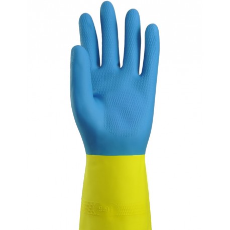 0212691 - Gant de ménage bicolore bleu/jaune flocké coton - la paire