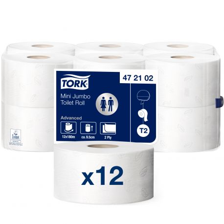 Papier toilette mini Jumbo Ecolabel 2 plis Advanced Tork 180 m Tork T2-12 bobines de 180 m