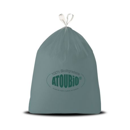 Sac poubelle biodégradable 100L Atoubio à liens coulissants 110 L vert- carton de 100