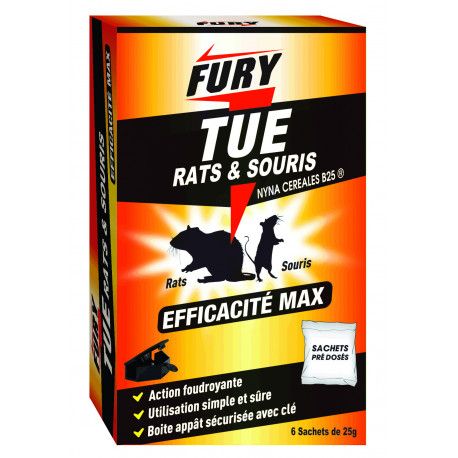 Raticide Souricide Fury - lot de 6 sachets + boîte à appât